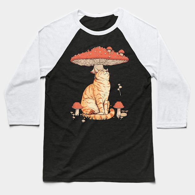 Cat Mushroom Quest Furry Friends' Journey Baseball T-Shirt by BilodeauBlue